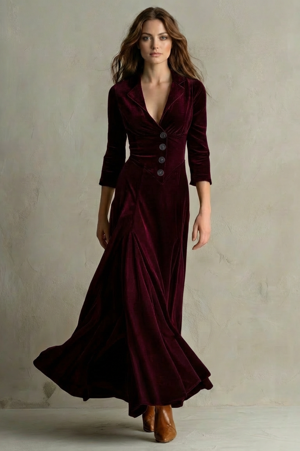Celeste – Długa Sukienka z Weluru w Stylu Vintage – Elegancka Spódnica z Guzikami i Kołnierzykiem
