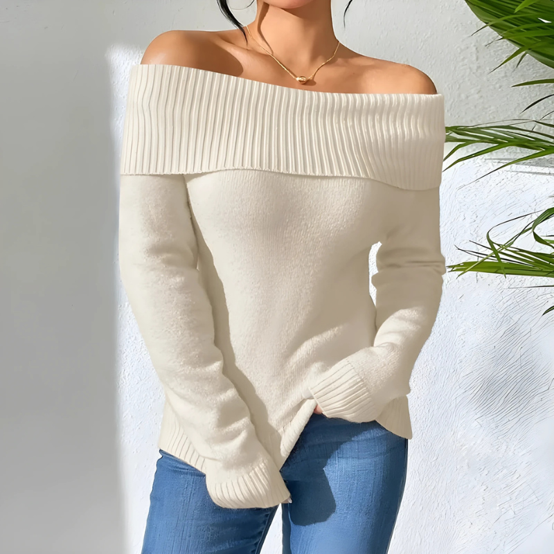 Coralie | Damska Sweter Off-Shoulder – Sweter z Żebrowanym Złożonym Dekoltem