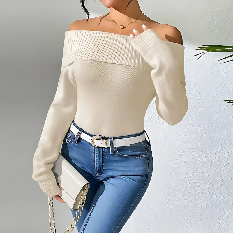 Coralie | Damska Sweter Off-Shoulder – Sweter z Żebrowanym Złożonym Dekoltem