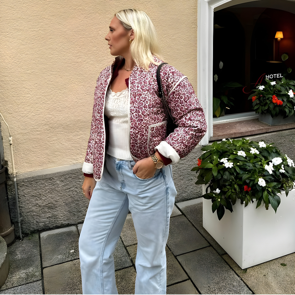 Damska Pikowana Parka Jasna – Wzór Kwiatowy