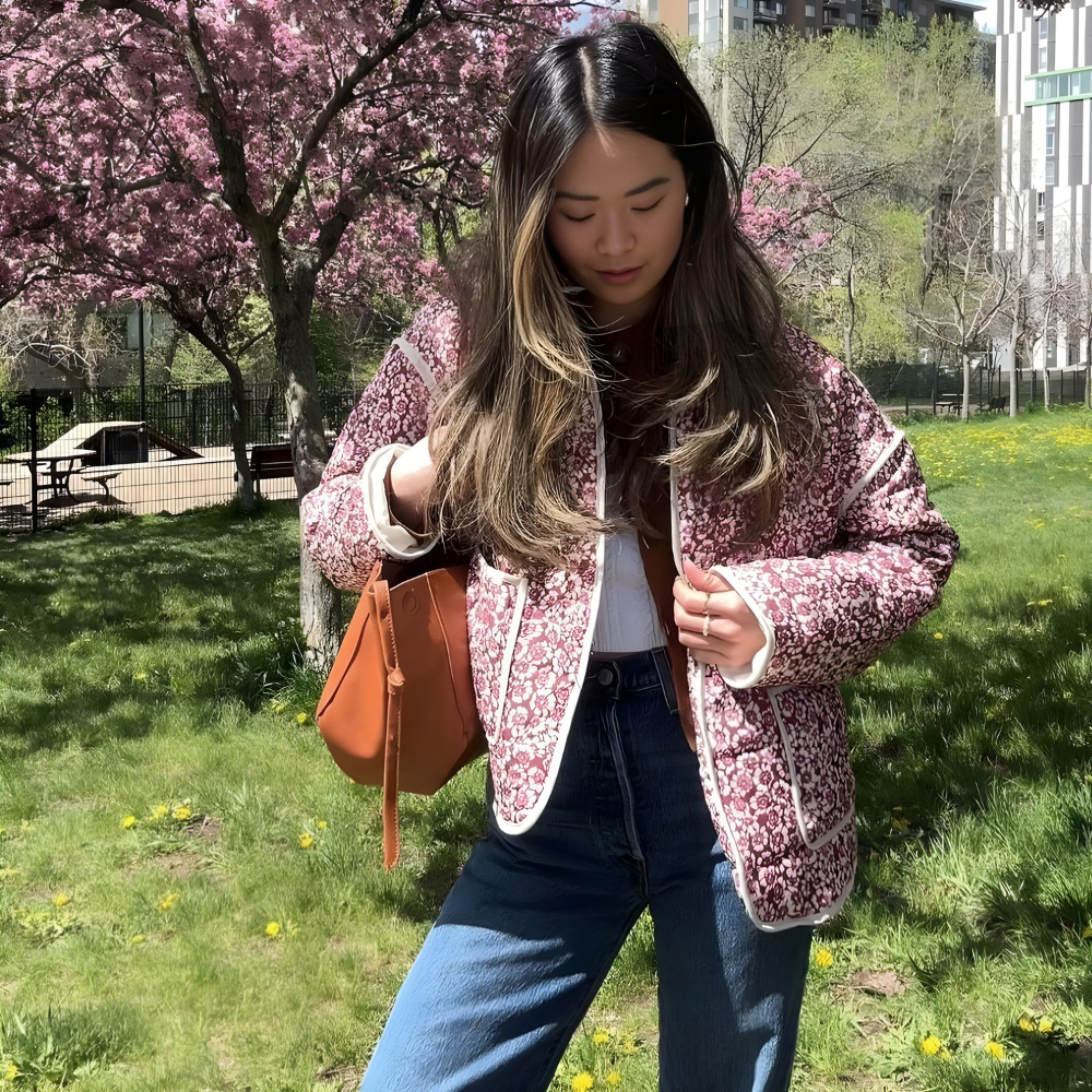 Damska Pikowana Parka Jasna – Wzór Kwiatowy