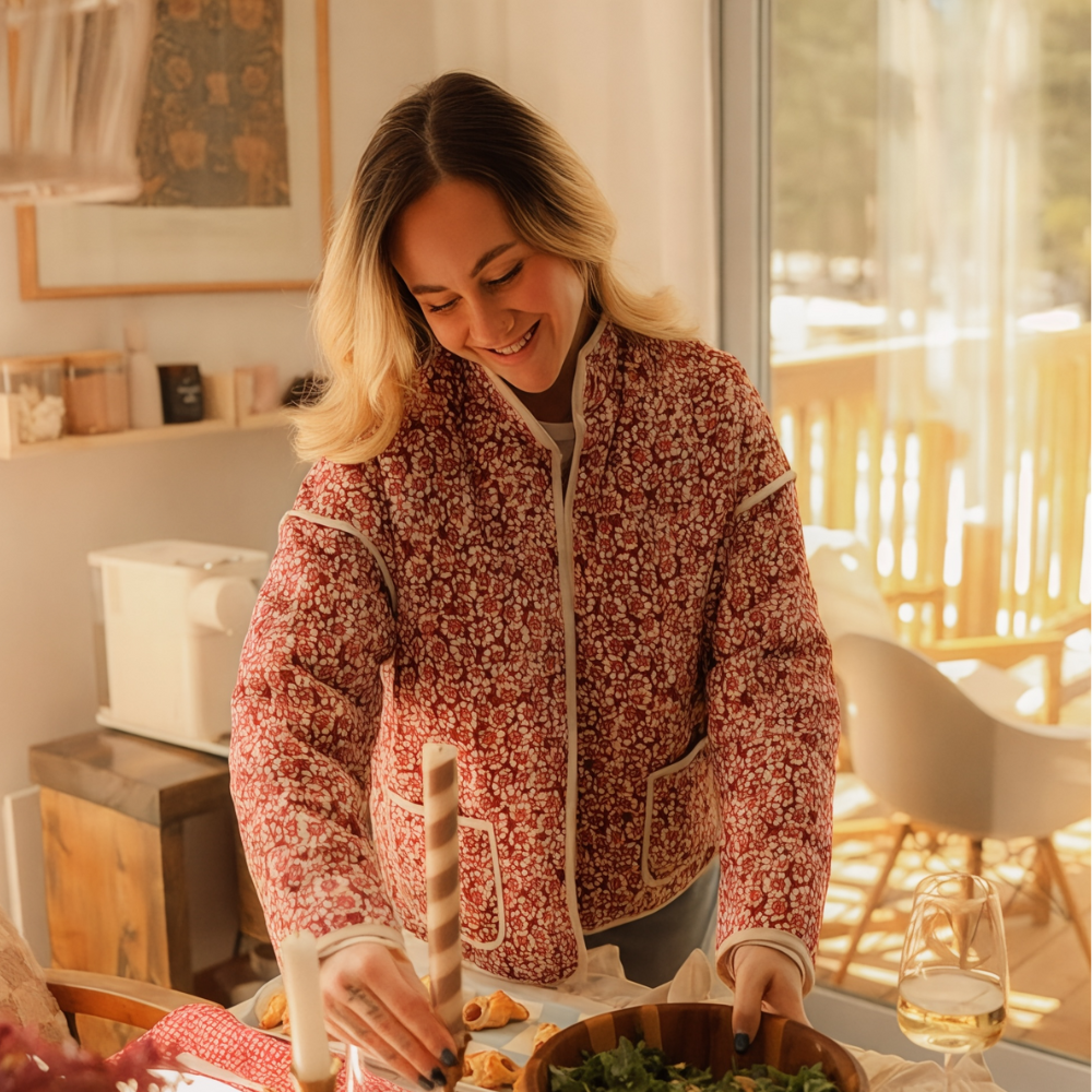 Damska Pikowana Parka Jasna – Wzór Kwiatowy