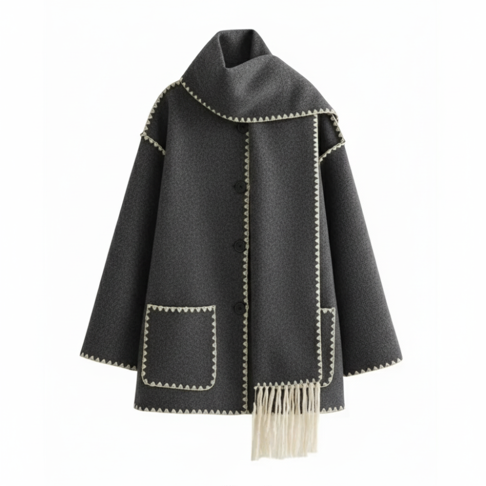 Damski Wełniany Płaszcz z Szalowym Kołnierzem