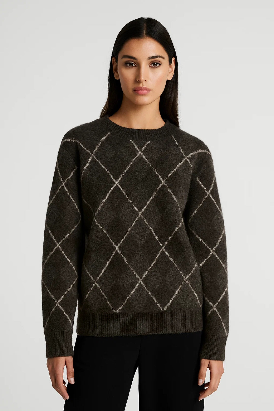 Eden | Sweter Damski, Klasyczny Wzór w Kratę i Okrągły Dekolt