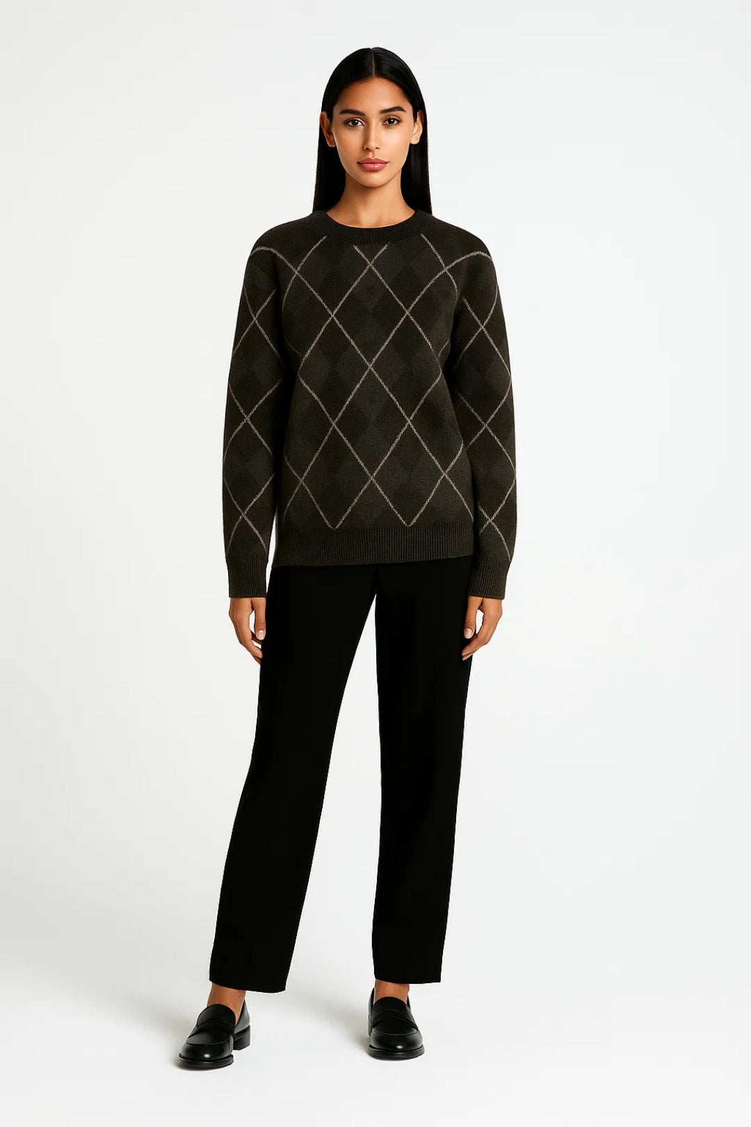 Eden | Sweter Damski, Klasyczny Wzór w Kratę i Okrągły Dekolt