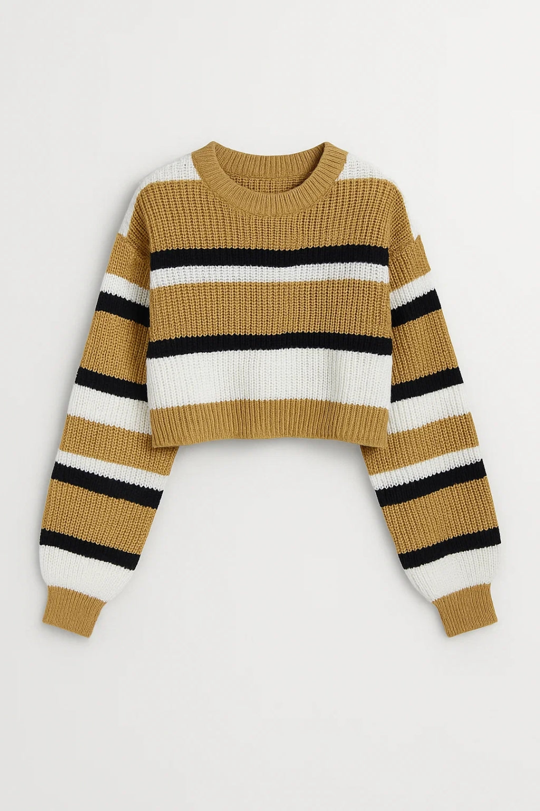 Elif | Sweter Cropped z Włóczki, Wzór w Paski z Okrągłym Dekoltem