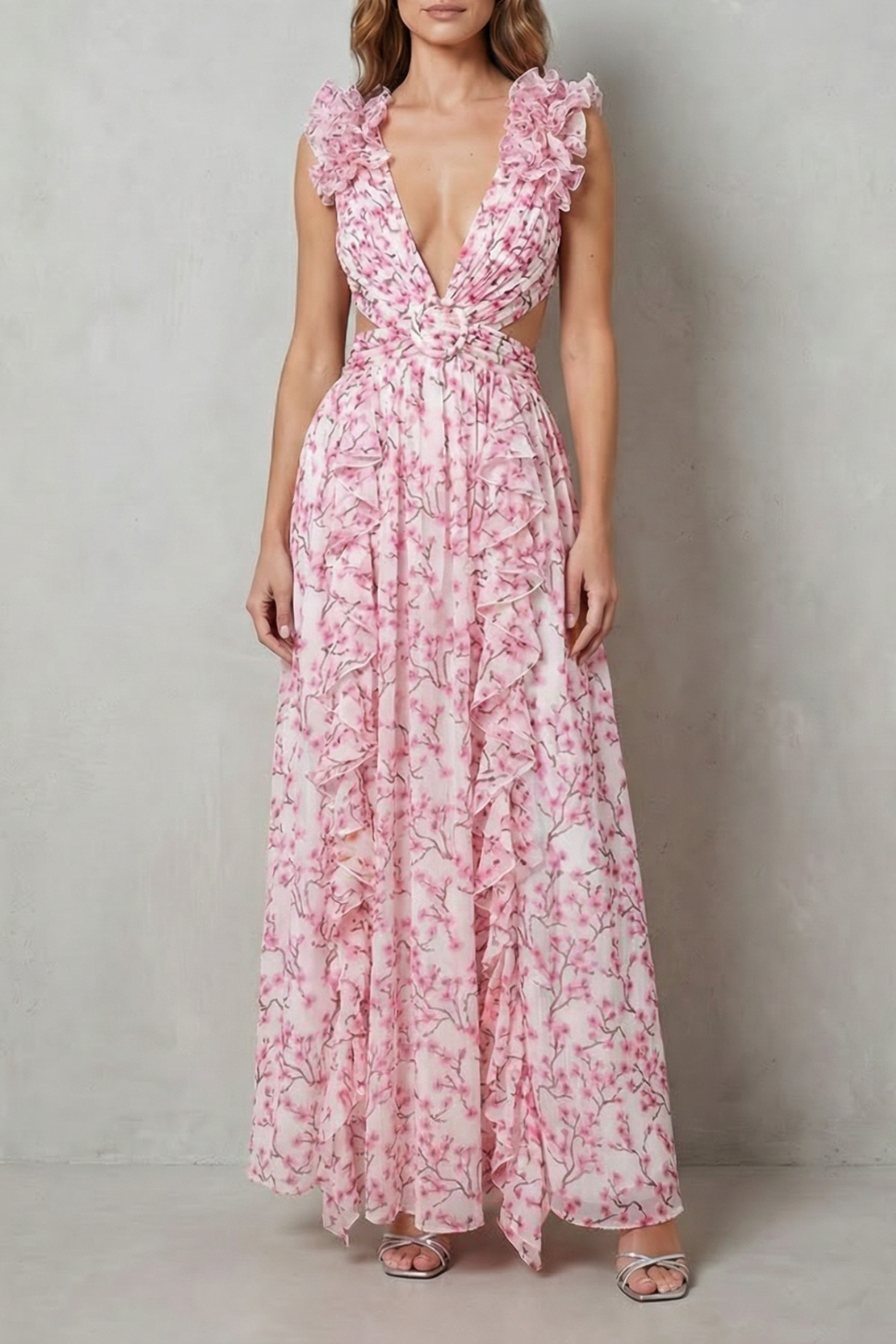 Elizara – Romantyczna sukienka maxi w kwiaty z falbanami