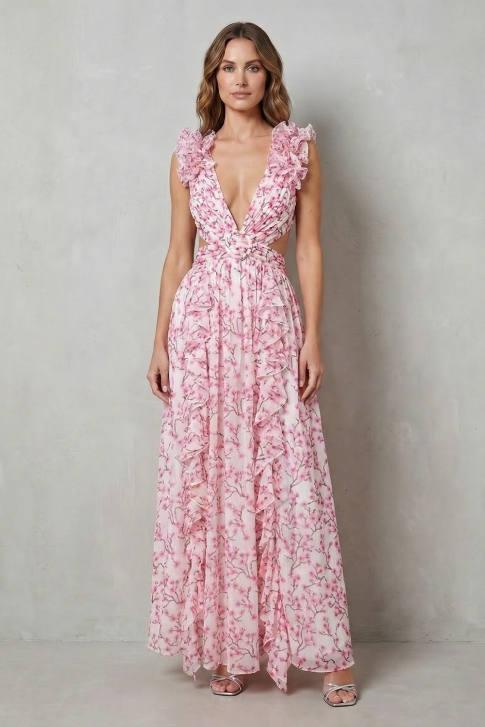 Elizara – Romantyczna sukienka maxi w kwiaty z falbanami