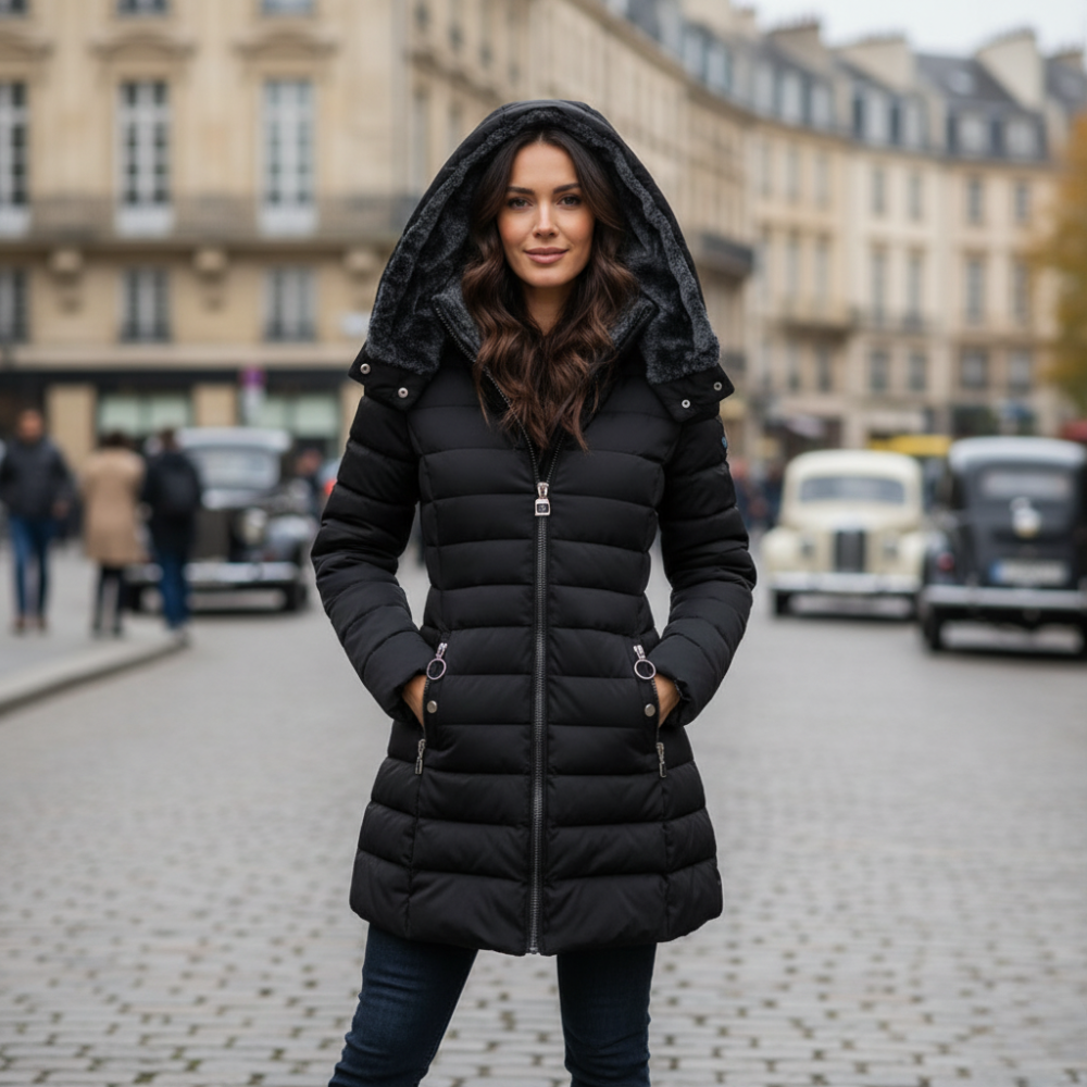 Everly | Długa kurtka puchowa dla kobiet z pluszowym wykończeniem i kapturem
