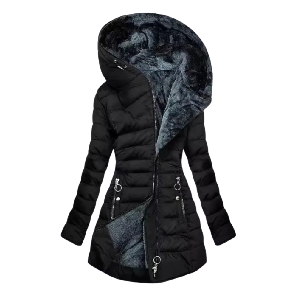 Everly | Długa kurtka puchowa dla kobiet z pluszowym wykończeniem i kapturem