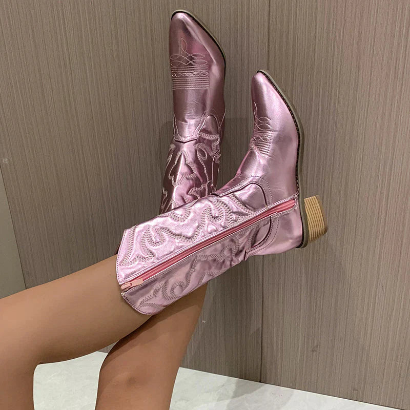 Fleur | Eleganckie kowbojki damskie metaliczne skórzane modne Chicveo