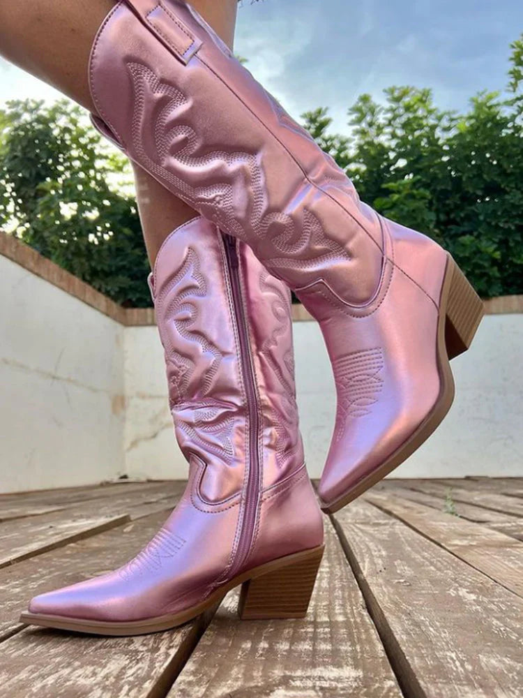 Fleur | Eleganckie kowbojki damskie metaliczne skórzane modne Chicveo
