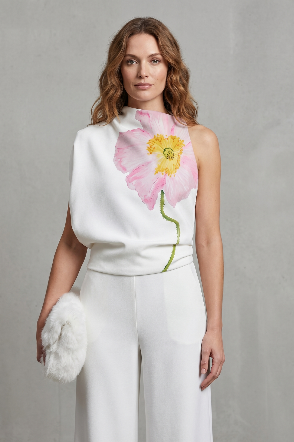 Florielle – Artystyczny kwiatowy nadruk – Asymetryczny top bez rękawów