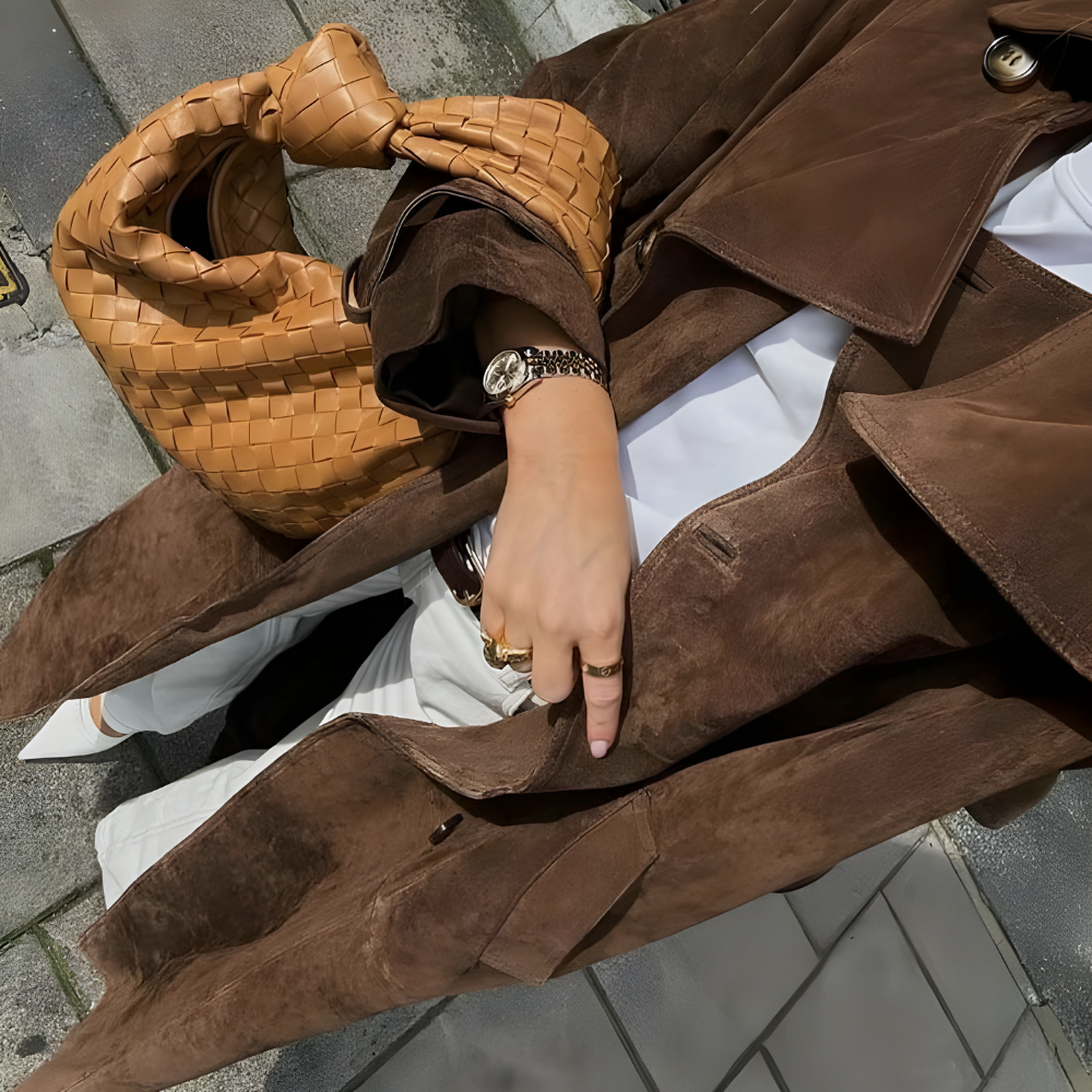 Freya | Luksusowy Skórzany Maxi Trencz z Podwójnym Zapięciem na Guziki