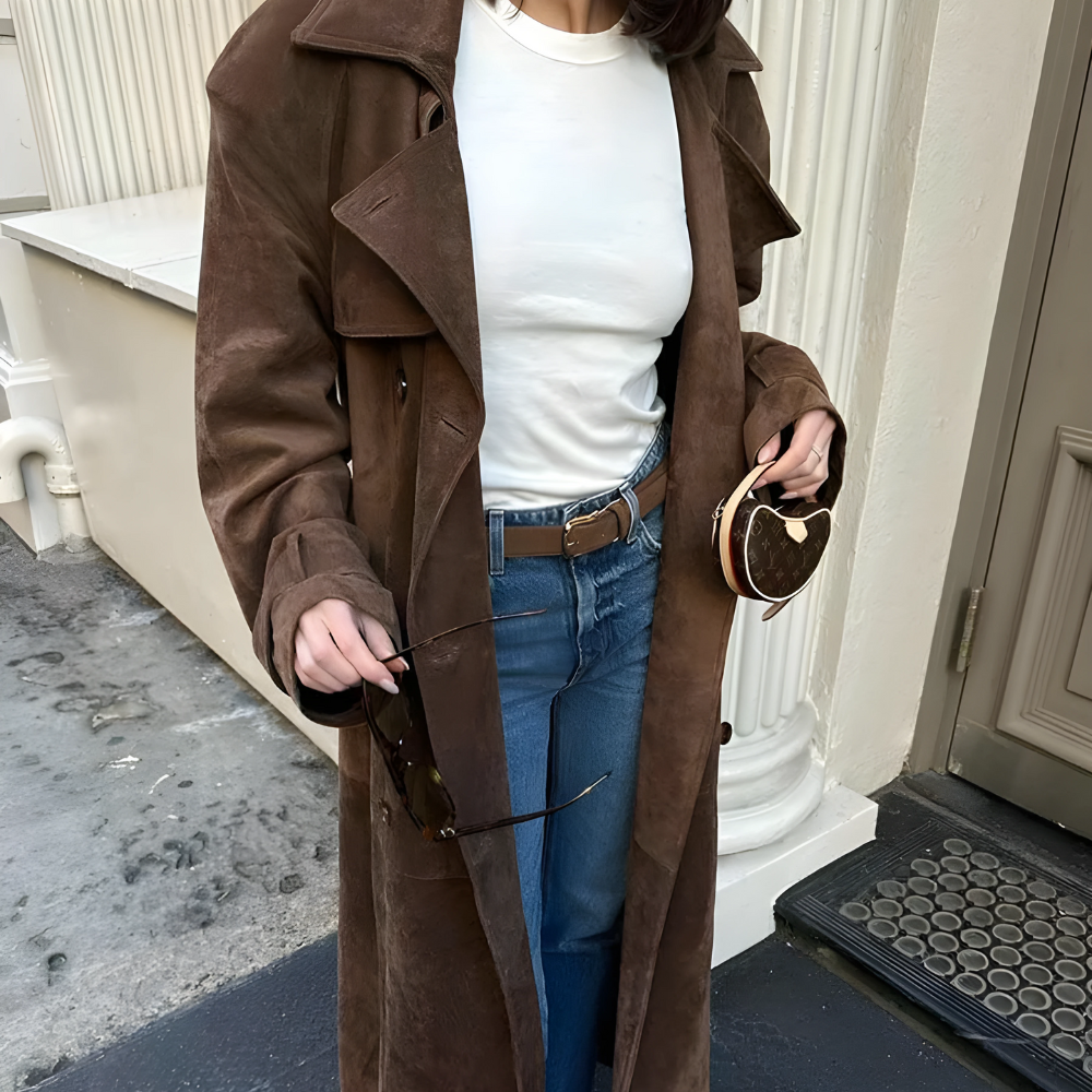 Freya | Luksusowy Skórzany Maxi Trencz z Podwójnym Zapięciem na Guziki