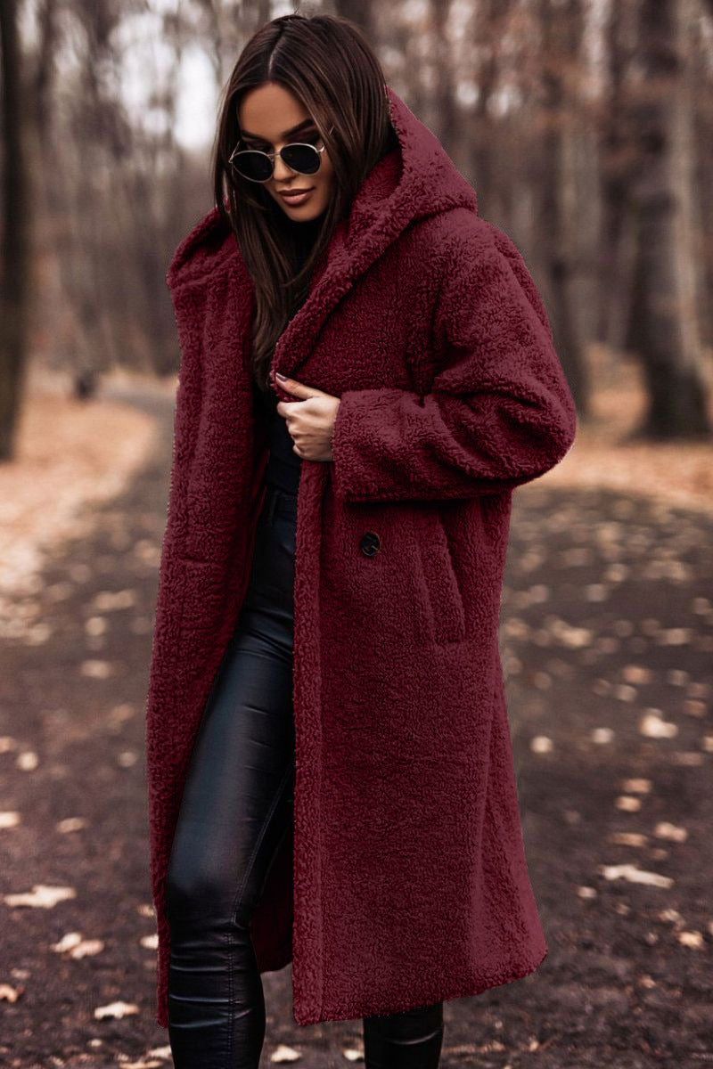 Isolde | Długi Damski Płaszcz Teddy z Kapturem