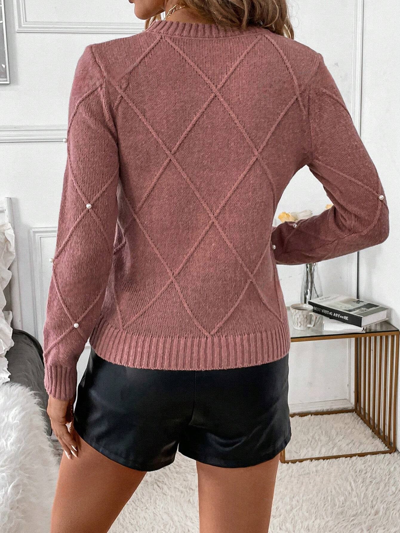 Konstancja | Elegancki Sweter Damski z Diamentowym Splotem i Perłami