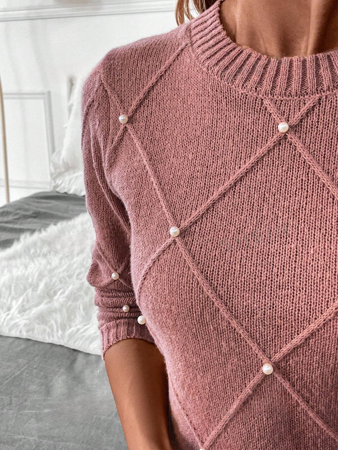Konstancja | Elegancki Sweter Damski z Diamentowym Splotem i Perłami