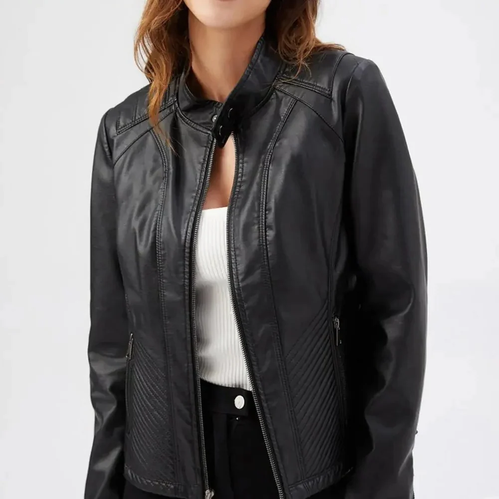 Kyra | damskie zimowe kurtki skórzane ekologiczne slim fit pikowane z zamkiem Chicveo