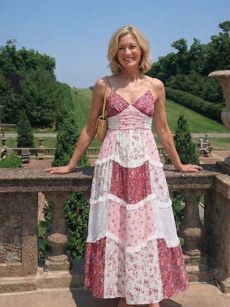 Linnea | Sukienka maxi z ramiączkami spaghetti i marszczonym topem w kwiaty
