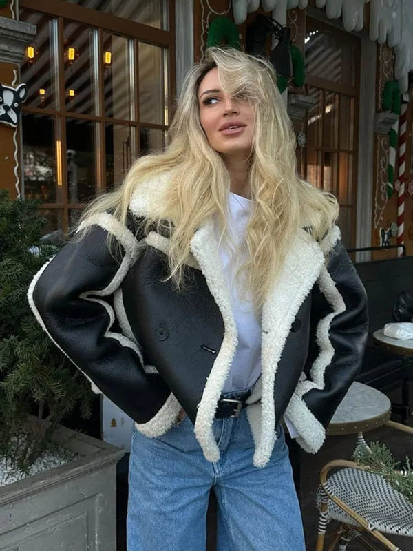 Louisa | damskie zimowe kurtki skórzane krótka, luźny krój, futerko, kontrast Chicveo