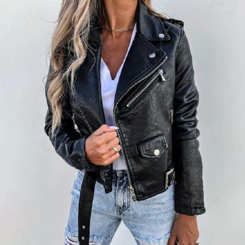 Luna | damskie zimowe kurtki skórzane motocyklowa, Slim Fit, krótka, asymetryczny zamek Chicveo
