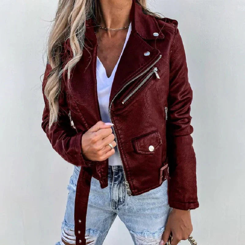 Luna | damskie zimowe kurtki skórzane motocyklowa, Slim Fit, krótka, asymetryczny zamek Chicveo