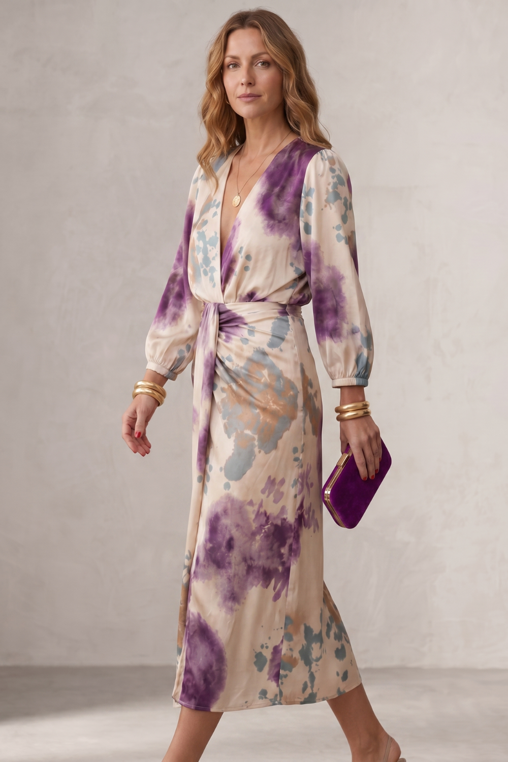 Lunaria – Sukienka midi w stylu wrap z nadrukiem akwarelowym