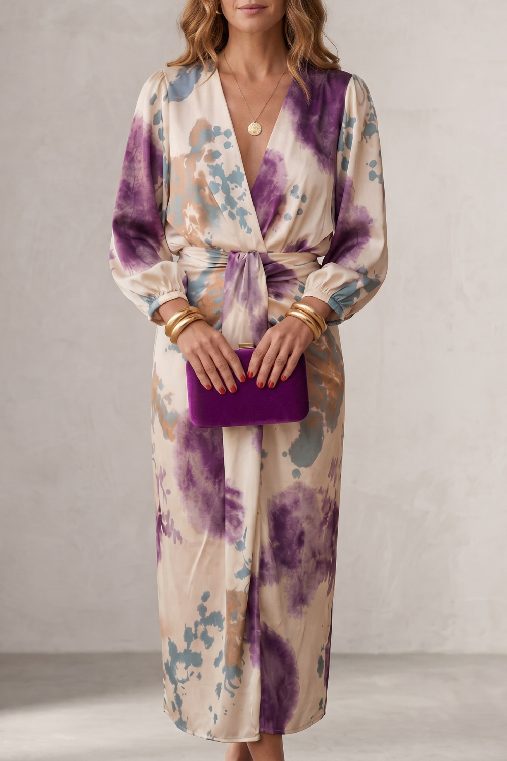 Lunaria – Sukienka midi w stylu wrap z nadrukiem akwarelowym