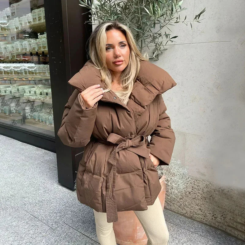Maeva | kurtka zimowa damska miękka kaszmirowa z paskiem elegancka długa Chicveo