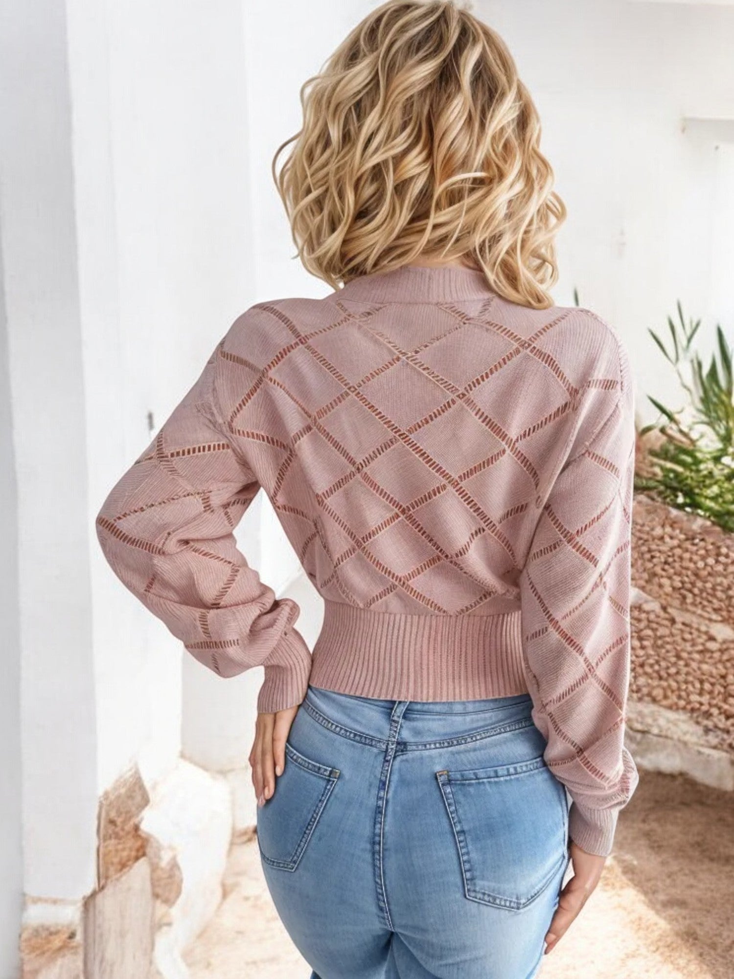 Nadia | Sweter z Wzorem Diamentowym z Krótkim Rękawem i Żebrowanym Dołem