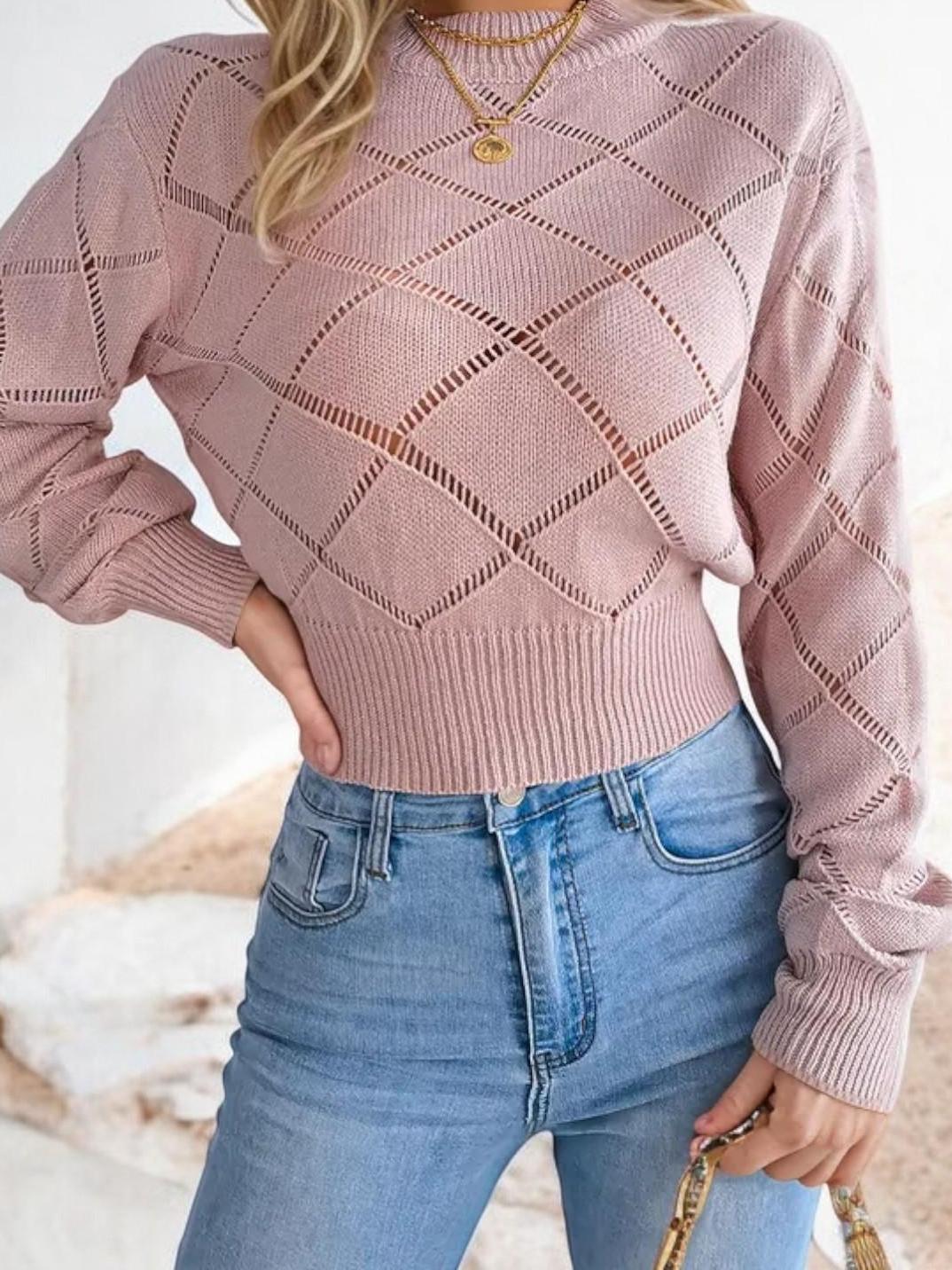 Nadia | Sweter z Wzorem Diamentowym z Krótkim Rękawem i Żebrowanym Dołem