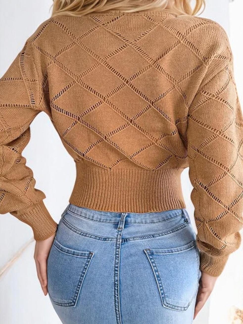 Nadia | Sweter z Wzorem Diamentowym z Krótkim Rękawem i Żebrowanym Dołem