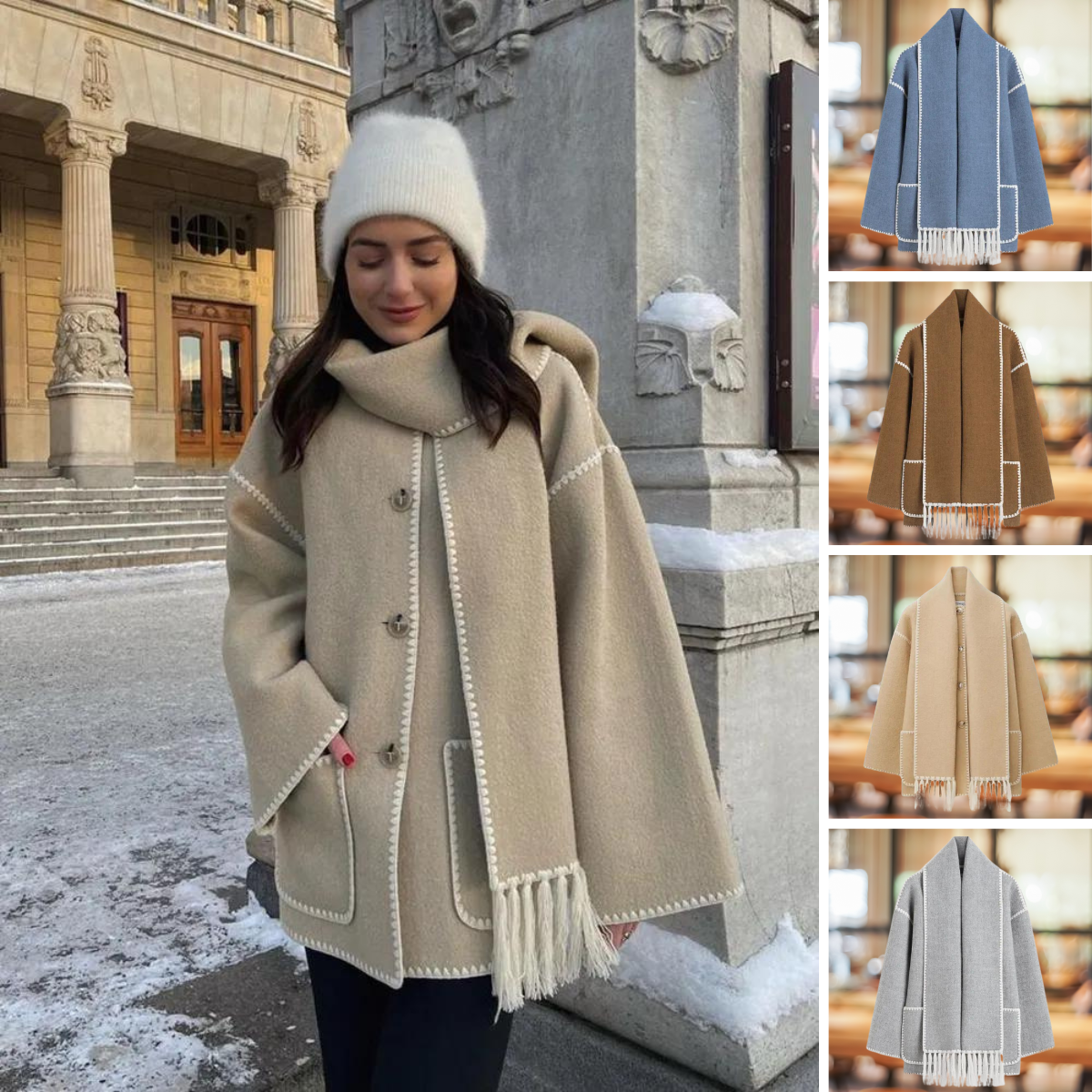 Nyssa | kurtka zimowa damska elegancka wełniana długa z szalikiem ciepła Chicveo