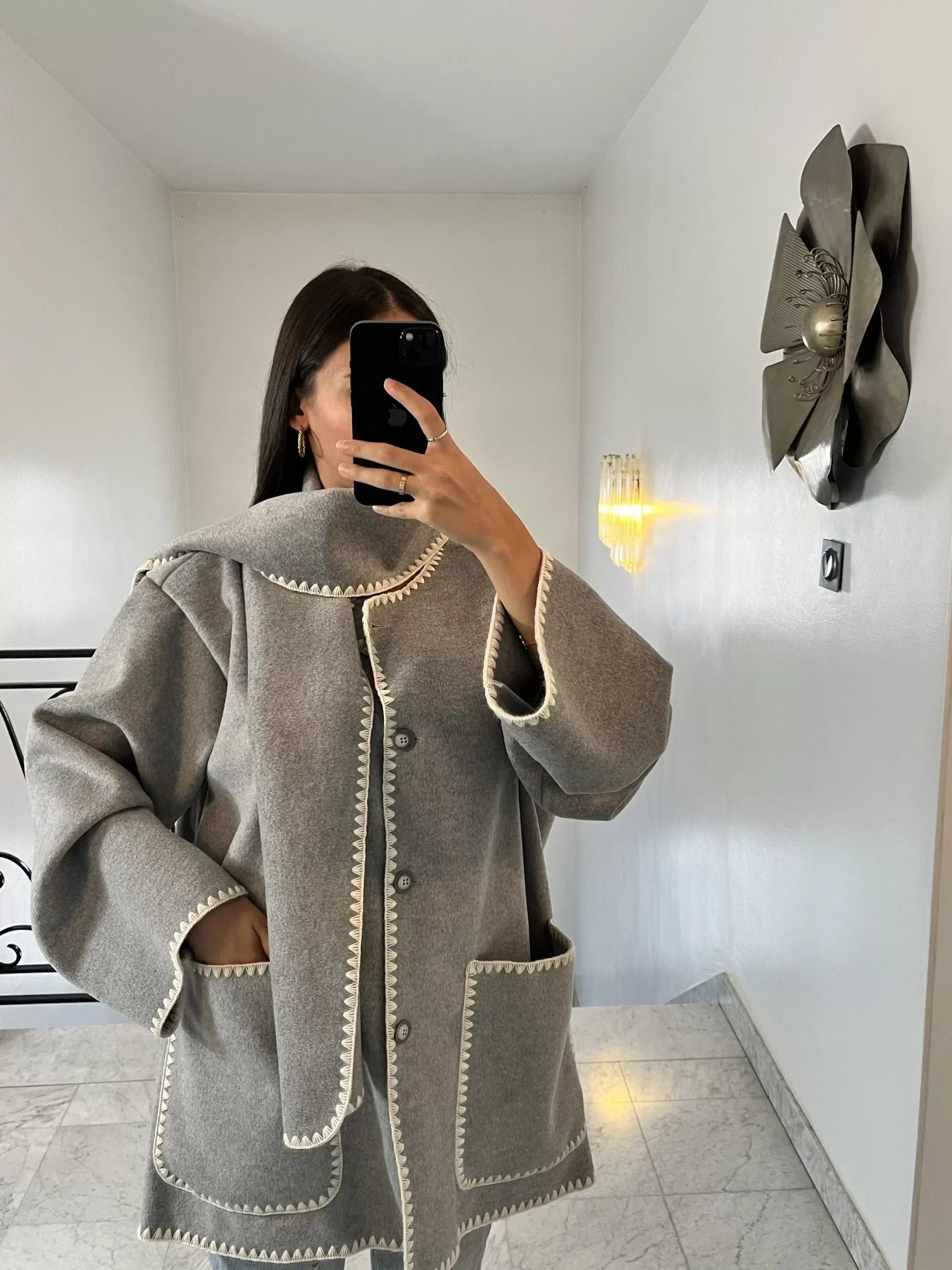 Nyssa | kurtka zimowa damska elegancka wełniana długa z szalikiem ciepła Chicveo