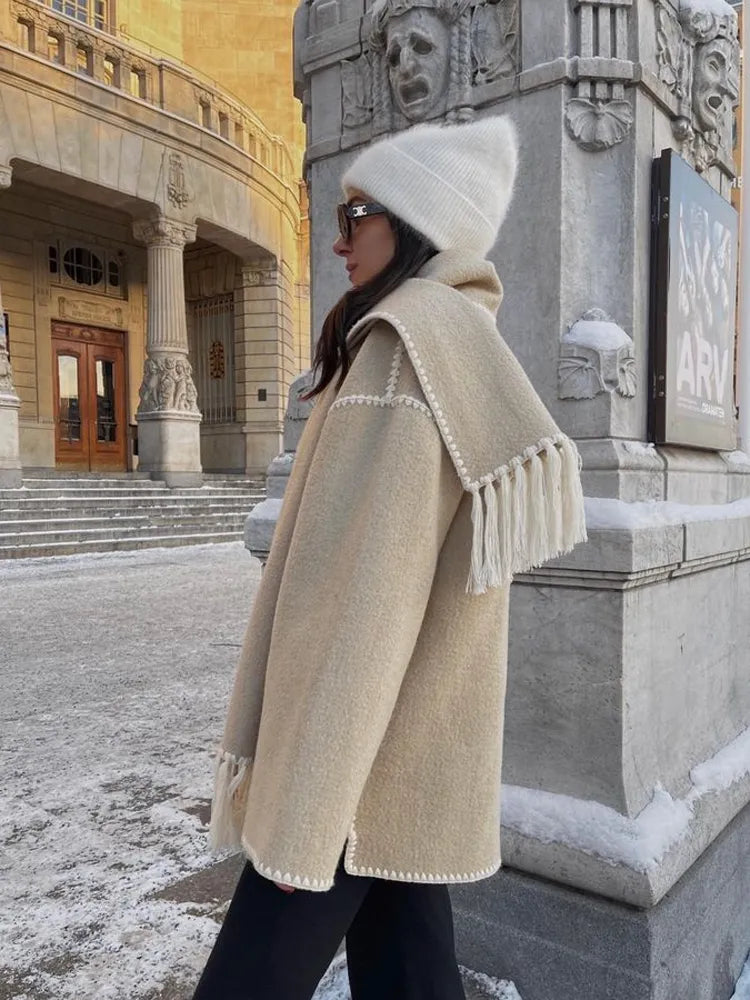 Nyssa | kurtka zimowa damska elegancka wełniana długa z szalikiem ciepła Chicveo