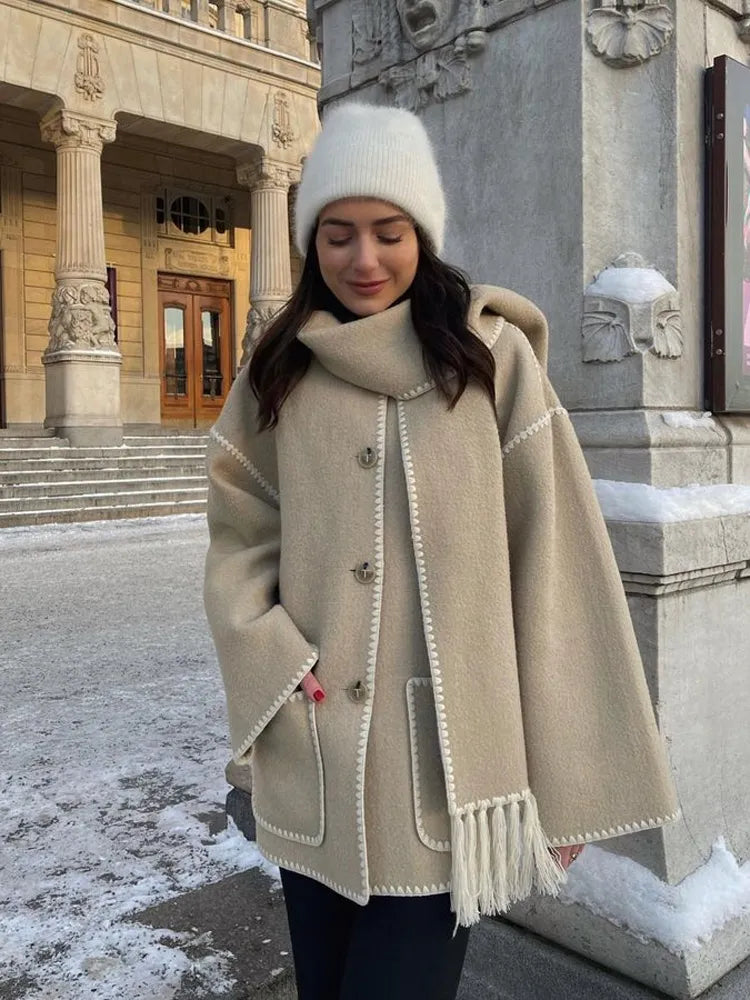 Nyssa | kurtka zimowa damska elegancka wełniana długa z szalikiem ciepła Chicveo