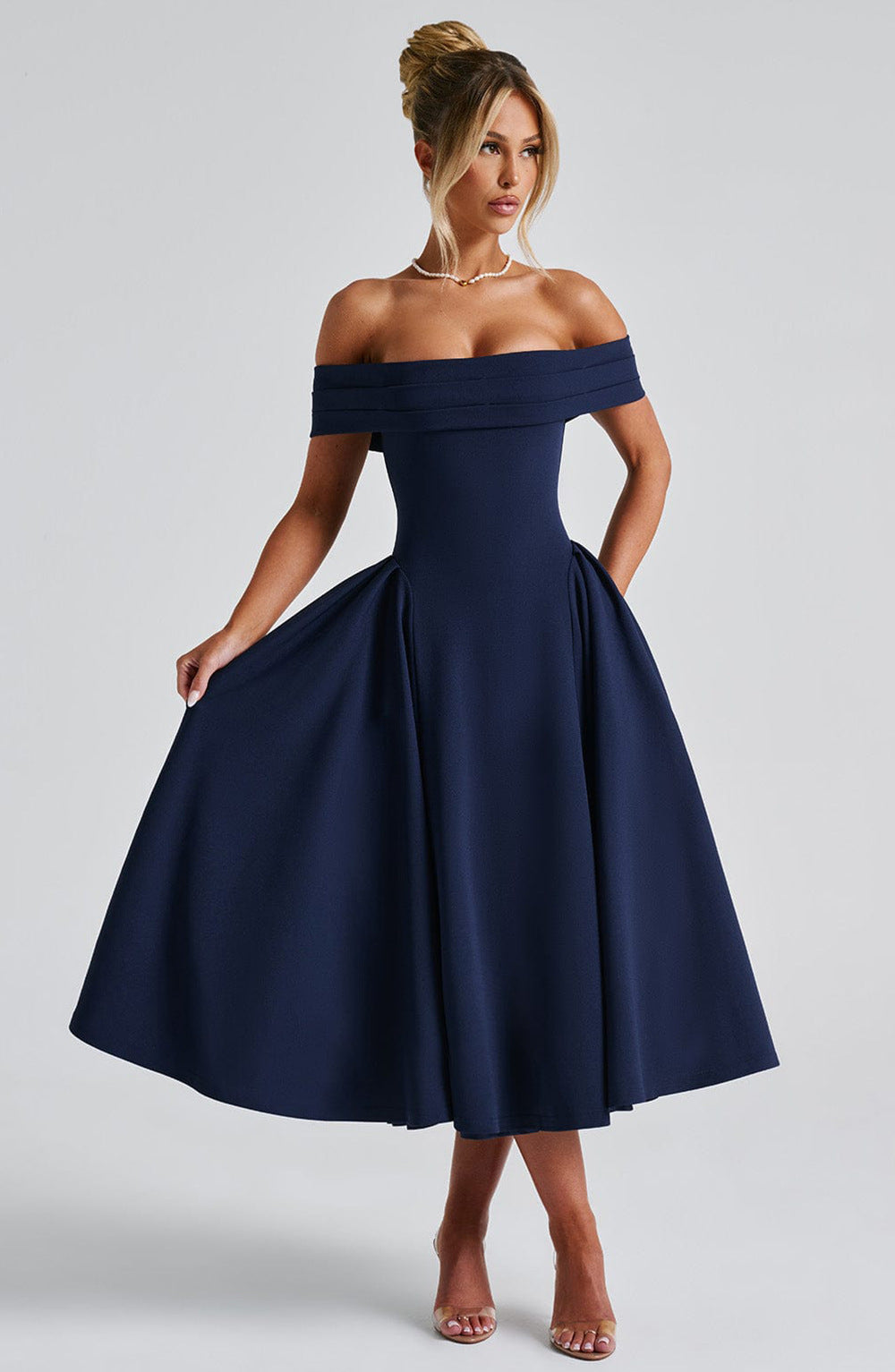 Off Shoulder Flare Midi Dress