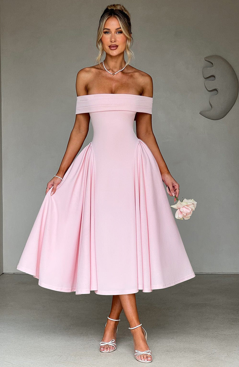 Off Shoulder Flare Midi Dress
