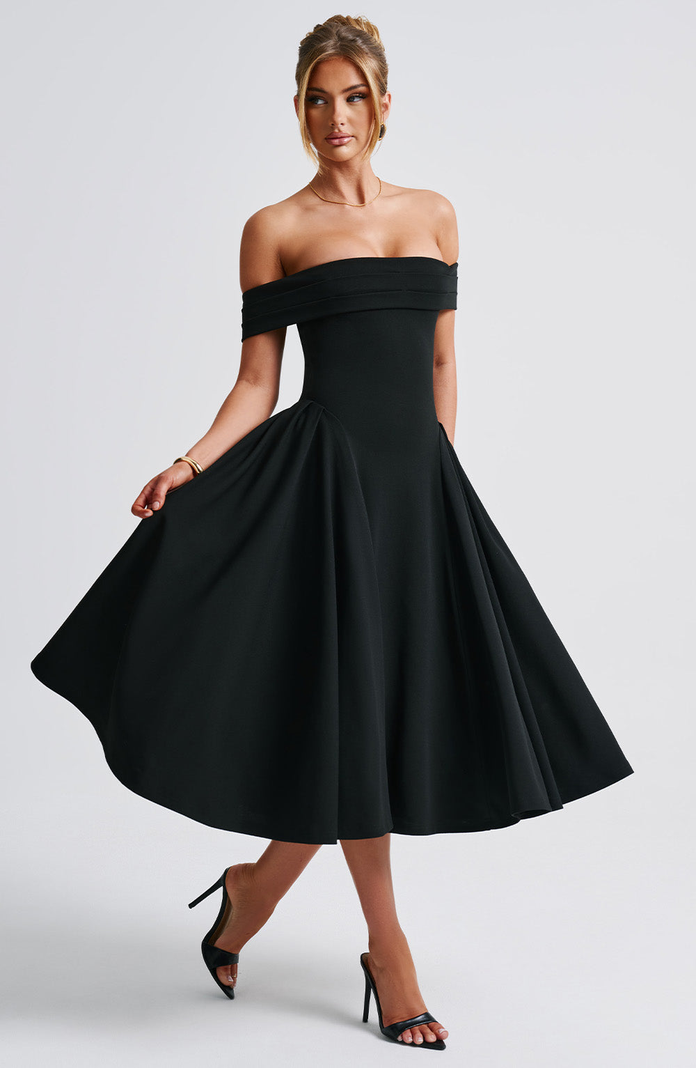 Off Shoulder Flare Midi Dress