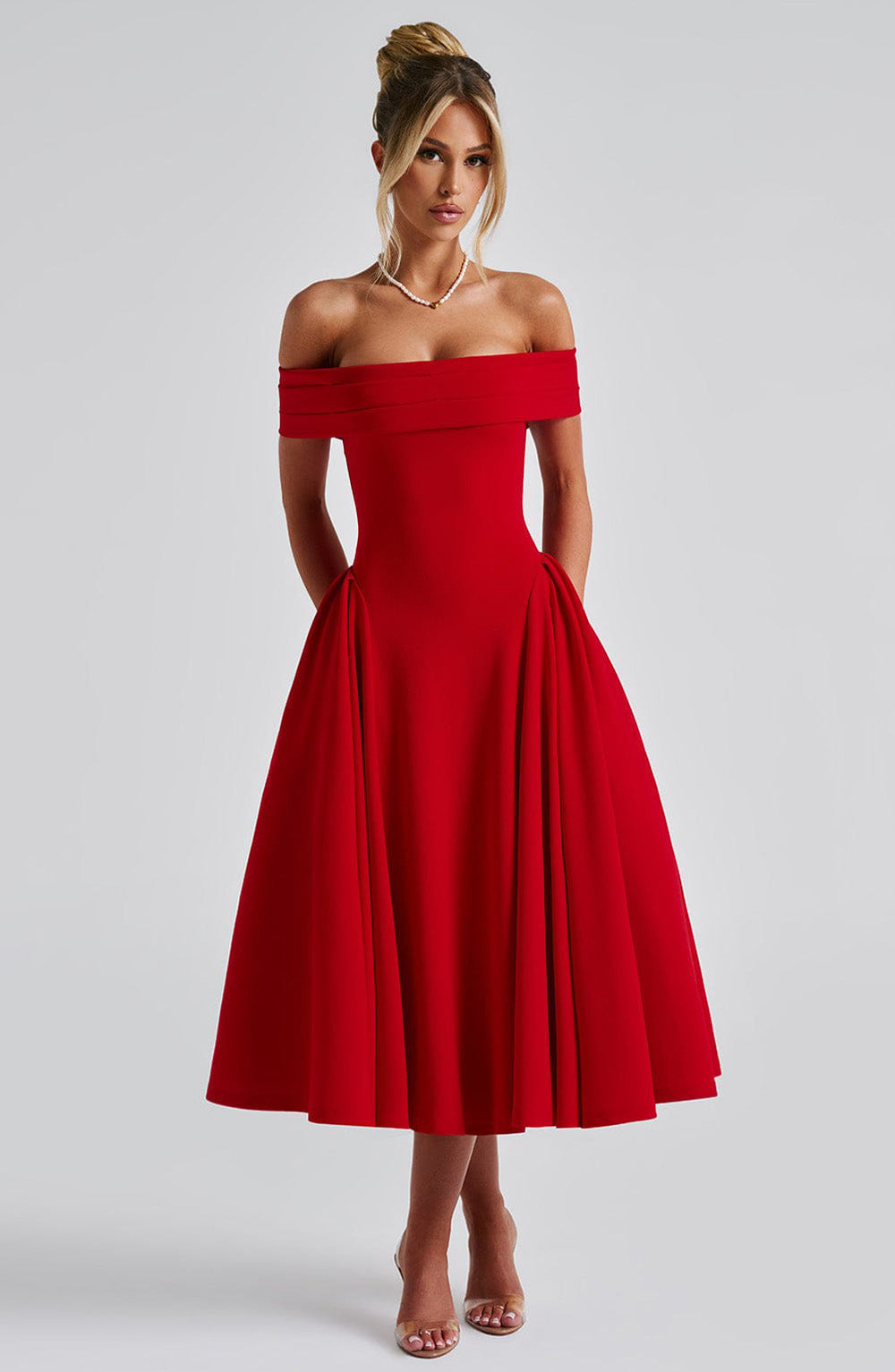 Off Shoulder Flare Midi Dress