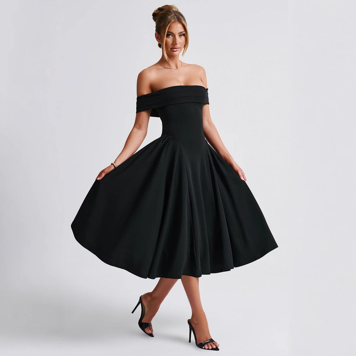 Off Shoulder Flare Midi Dress