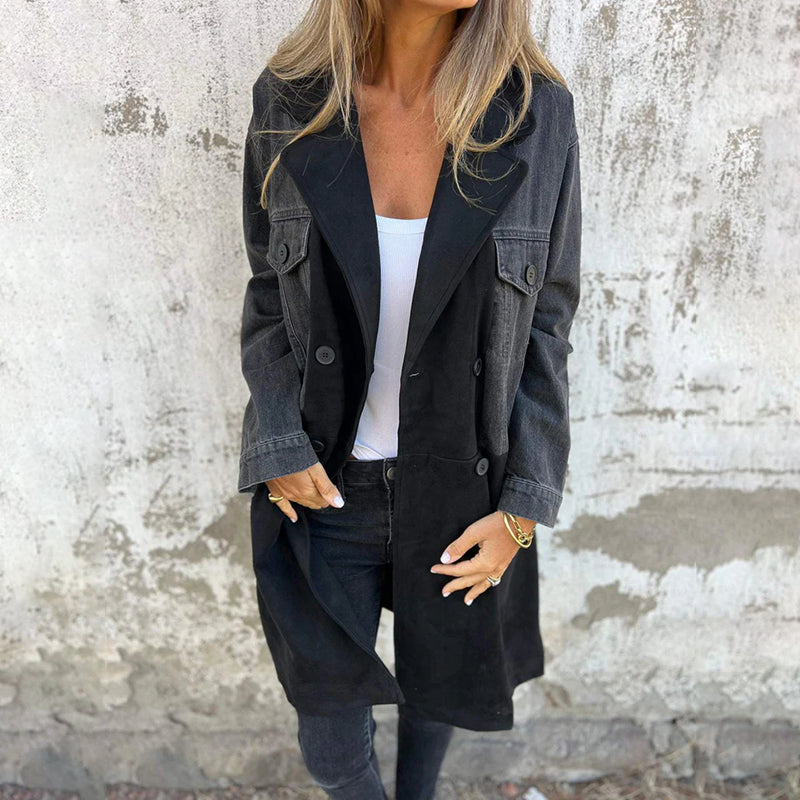 Ondine | kurtka zimowa damska elegancka uniwersalna trench denim długa stylowa Chicveo