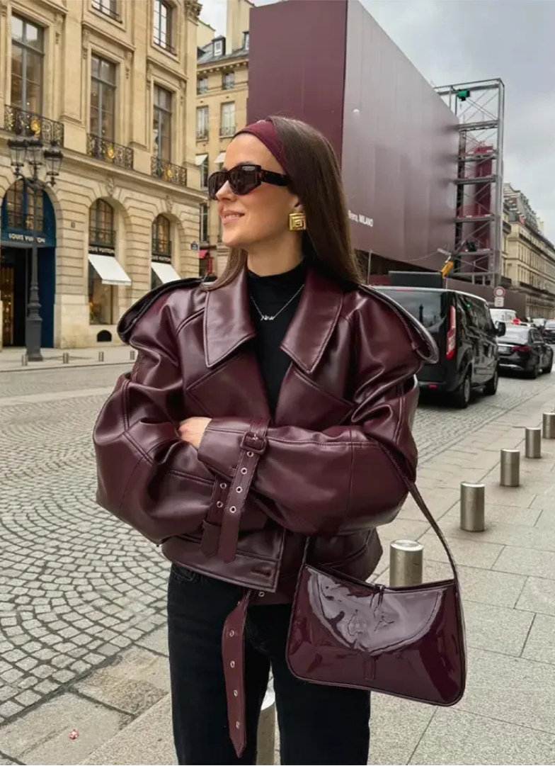 Pamela | Oversize Kurtka Skóropodobna Z Paskiem I Stylem
