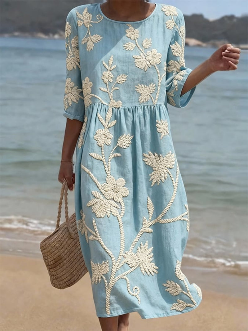 Sukienka Midi Fluida z Kwiatowymi Haftami - Elegancka Kolekcja Vintage