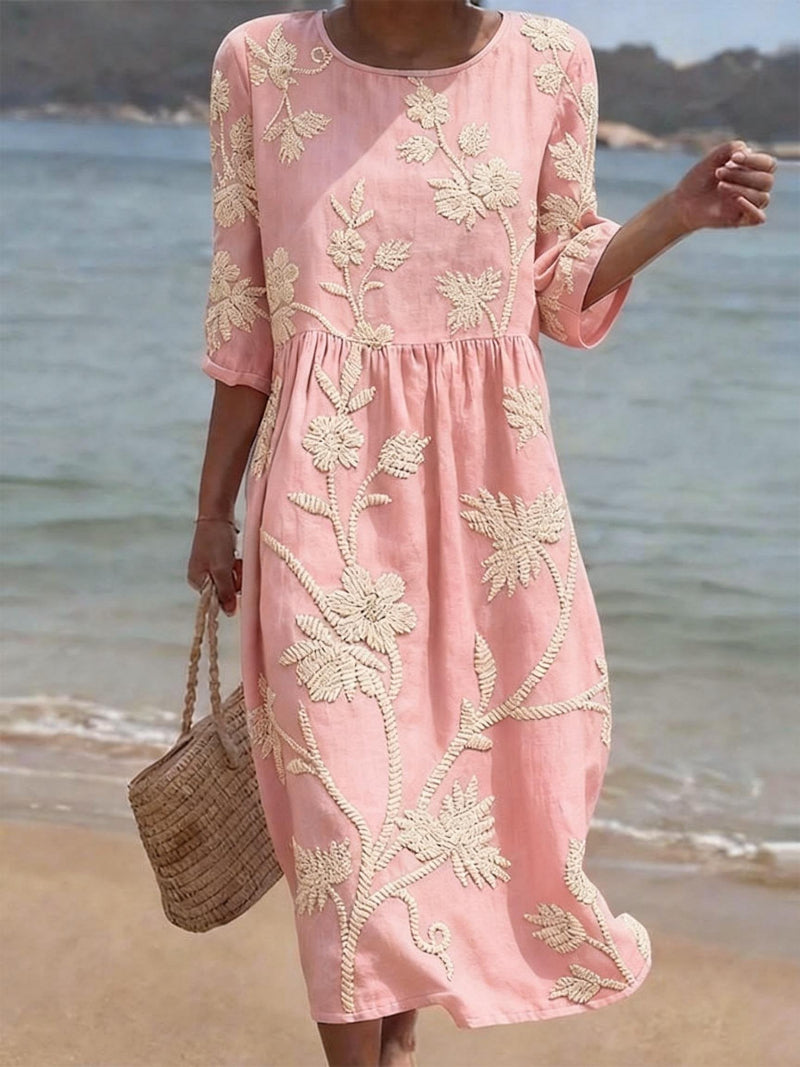 Sukienka Midi Fluida z Kwiatowymi Haftami - Elegancka Kolekcja Vintage