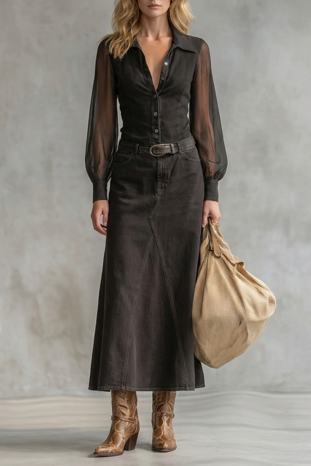 Savannah – Sukienka z denimu z przezroczystymi rękawami – Western-Chic Statement