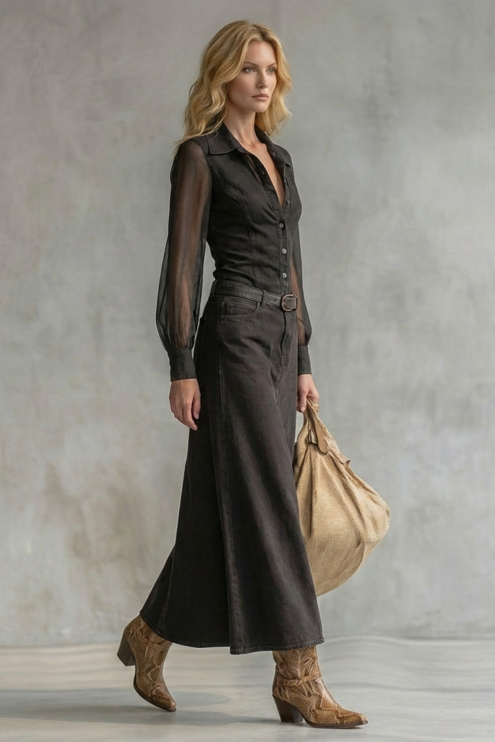Savannah – Sukienka z denimu z przezroczystymi rękawami – Western-Chic Statement