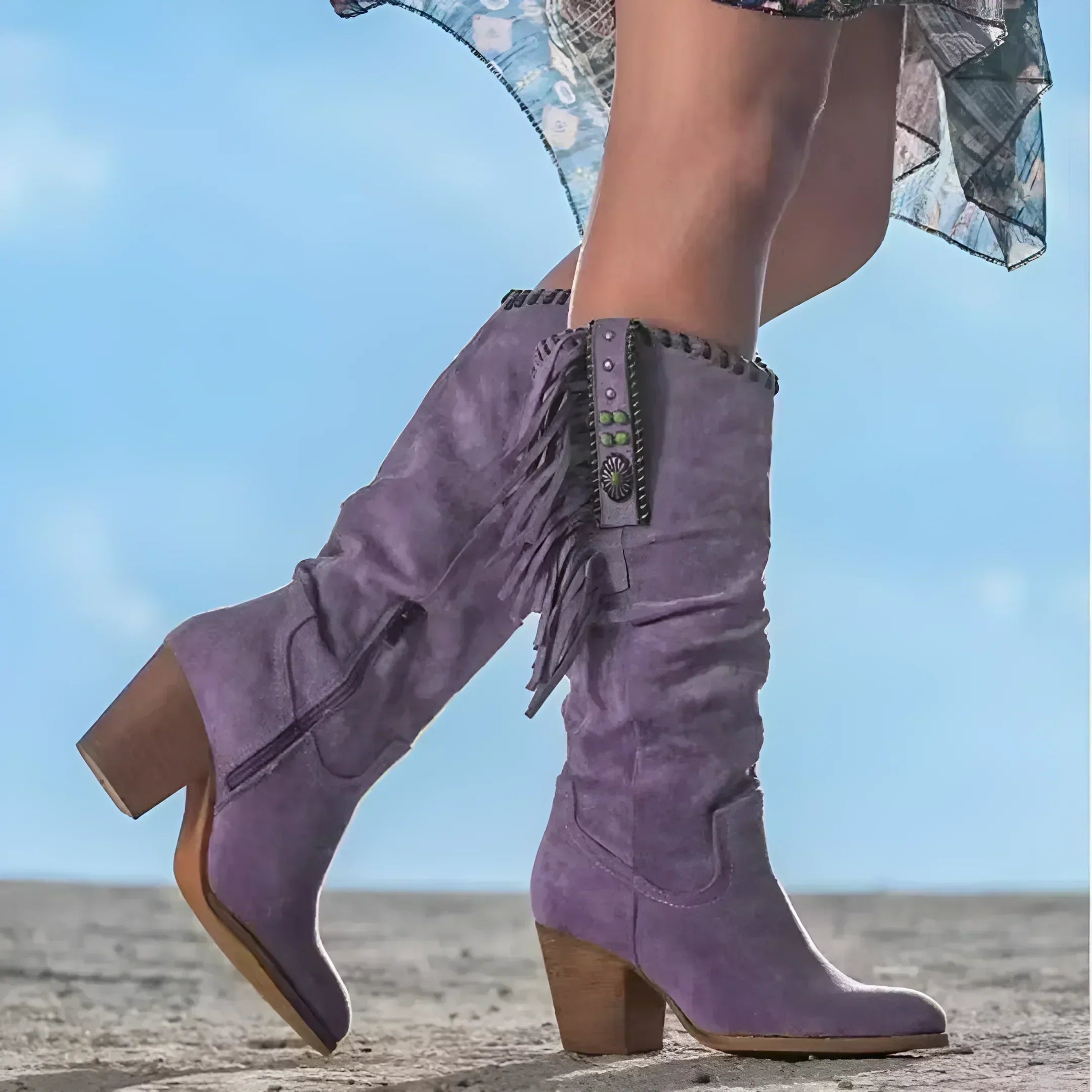 Scarlett | Damskie Boho Western Cowboy Boots - Zamszowe i Frędzle