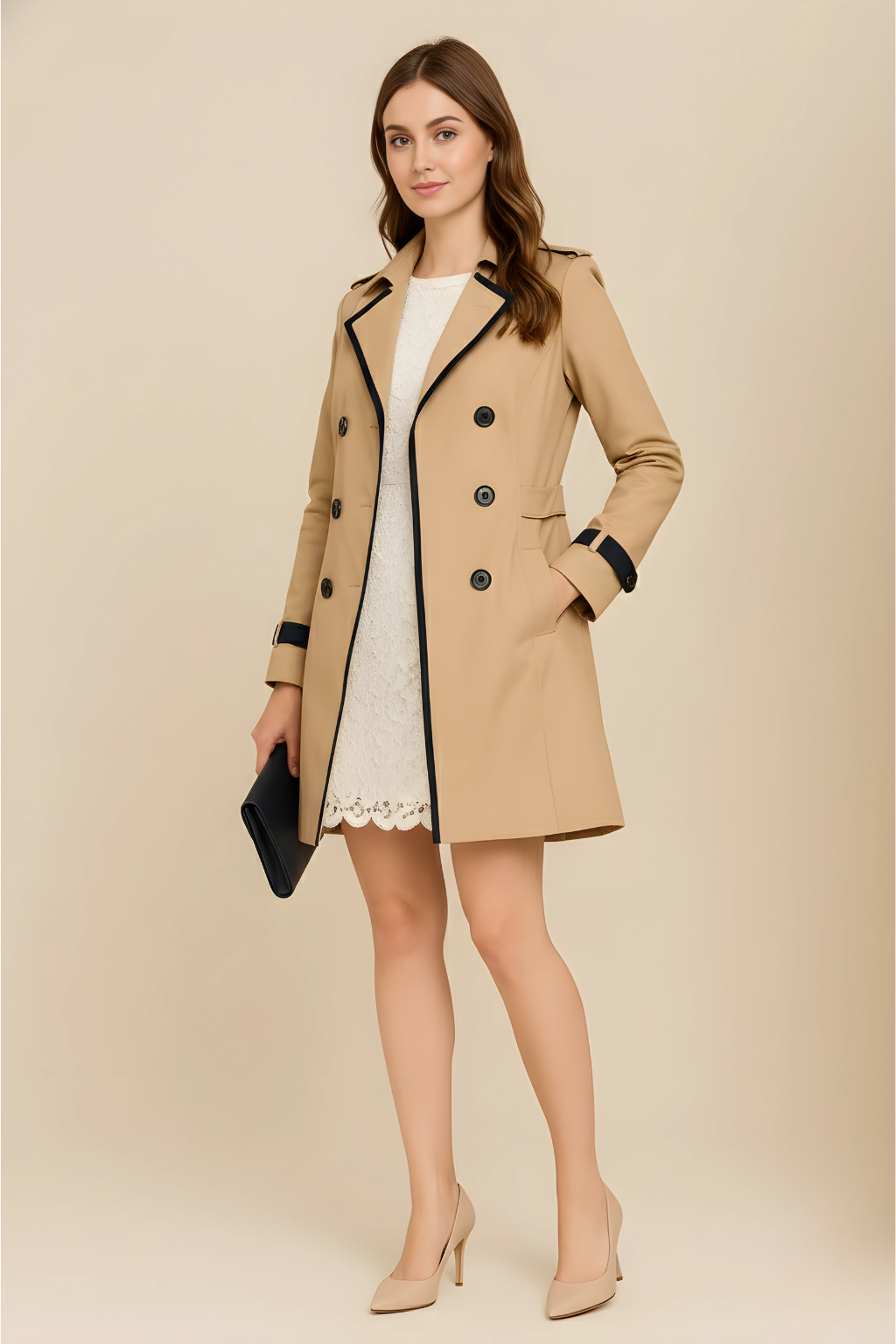 Sienna | Dwurzędowy Trencz z Kontrastującymi Detalami